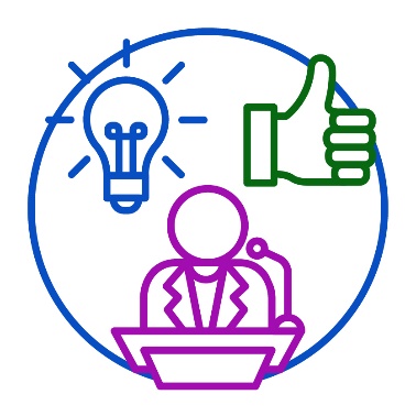 A minister speaking at a desk with a microphone. There is a light bulb and a thumbs up icon next to them.