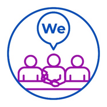 A group of people at a panel. There is a speech bubble above them with the word 'We' inside of it.