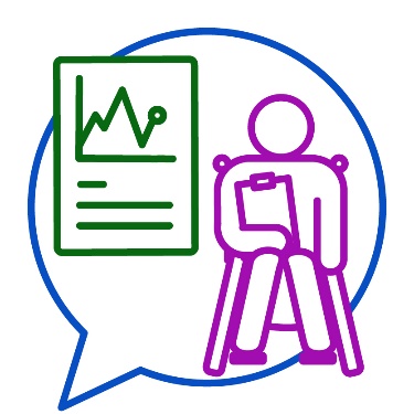 An icon of a data document and a person with disability inside of a speech bubble.