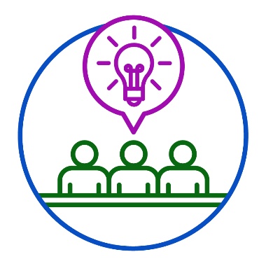 3 people behind a panel. Above them is a lightbulb in a speech bubble.