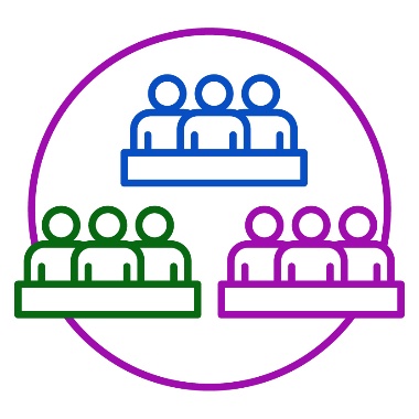 An icon of 3 panels with 3 people with disability on each.