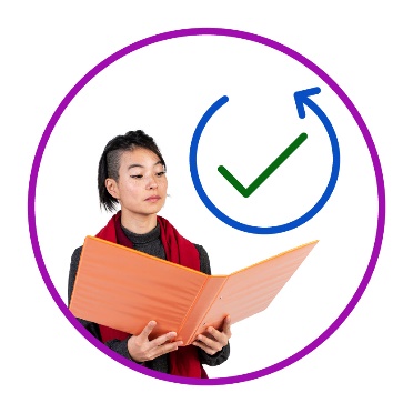 A person reading a document next to a tick with an arrowing curling around it.