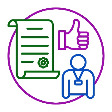 3 icons. A legal document with a good quality icon, a thumbs up and a person wearing a name tag.