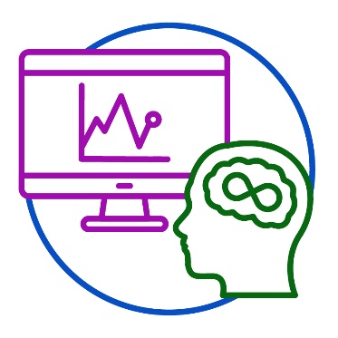 A computer showing data next to an autism icon. The autism icon is a human brain with an infinity symbol on it.