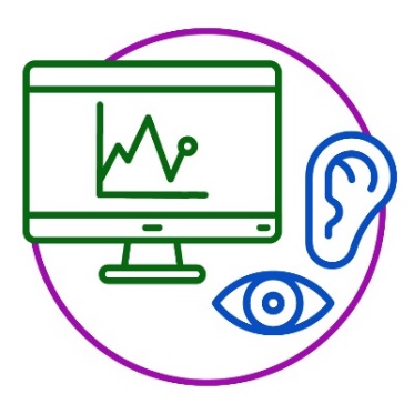 A computer showing data next to a Deafblind icon. The Deafblind icon is an eye and an ear.