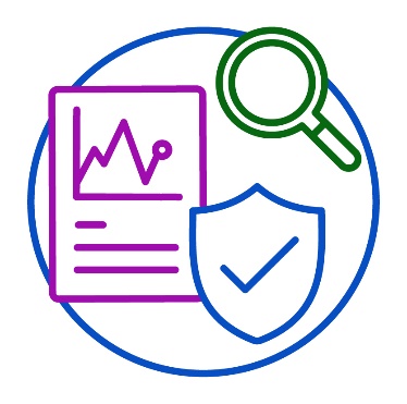 3 icons. A data document, a magnifying glass and a safety icon.