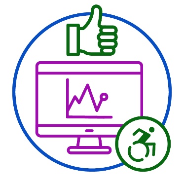 A computer showing data next to a thumbs up and a disability icon.