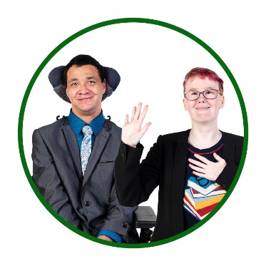 2 people with disability. One of them is pointing to themself and raising their other hand.