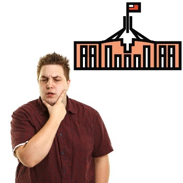 A person rubbing their chin, and a government building in the background. 
