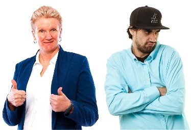 A person in a suit with their thumbs up. Another person has their arms crossed, looking upset. 