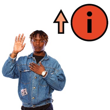 A person is pointing at themselves, with an information icon and an arrow near it pointing up. 