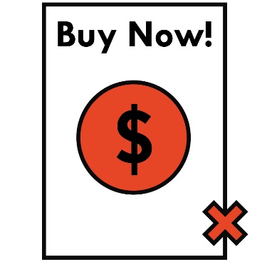 A document saying Buy Now, with a money symbol on it. There is a cross on the document. 
