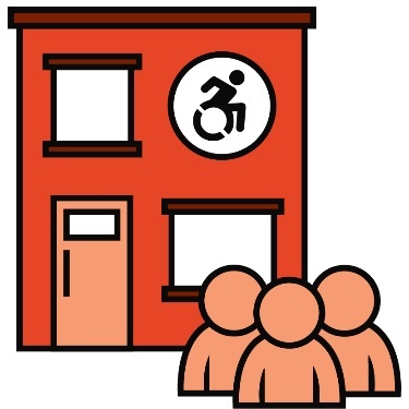 An icon of a group of people in front of a building with a disability icon on it. 
