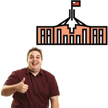 A person giving a thumbs up with a government building behind them. 