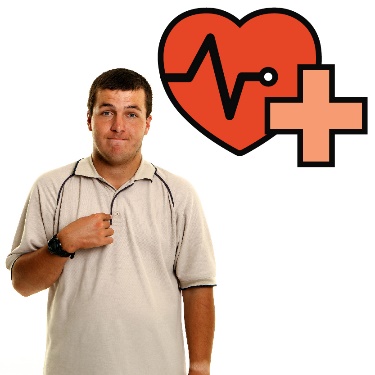 A person pointing at themselves and a health icon.