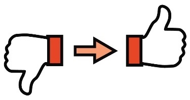 A thumbs down icon with an arrow pointing to a thumbs up icon. 