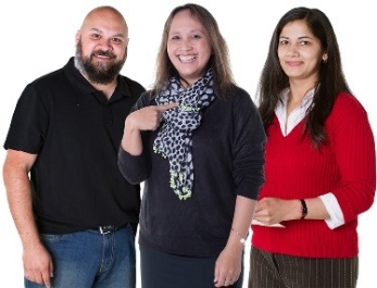 Three people, one of them is pointing at themselves. 