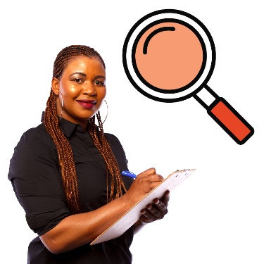 A person writing in a clipboard with a magnifying glass above. 