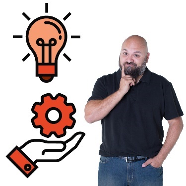 A person with their finger on their chin. There is an icon of a lightbulb and a services icon. 