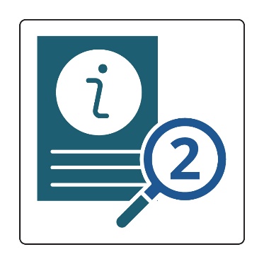 A document with an information icon on it. A magnifying glass with the number '2' is next to it. 