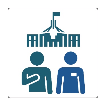 Parliament House behind 2 people. One person is pointing to themself. 