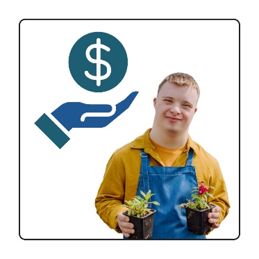 A hand holding a money icon. A person holding 2 plants is next to it. 
