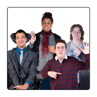 A group of people with disability. Some are raising their hands and pointing to themselves. 