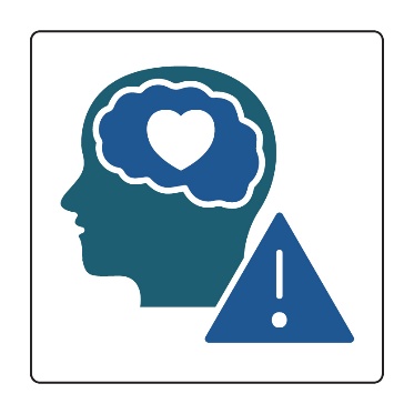 An outline of a brain inside a person's head. There is a heart inside the brain. A problem icon is next to it. 