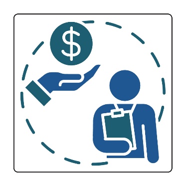 A hand holding a money icon. A person holding a clipboard inside a circle of dashed lines. 