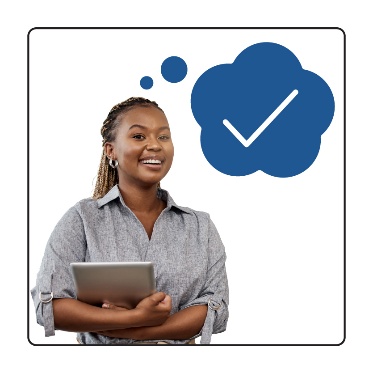 A person holding a document and smiling. A tick inside a thought bubble is above them. 
