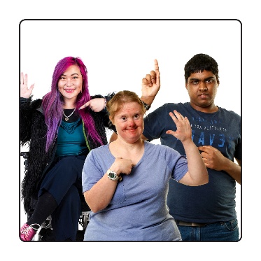 3 people pointing to themselves and raising their other hand. 