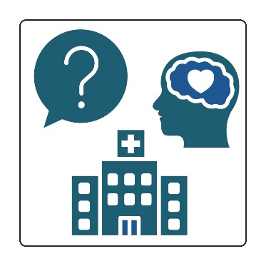 3 icons: a question mark inside a speech bubble. A hospital. An outline of a brain inside a person's head. There is a heart inside the brain.