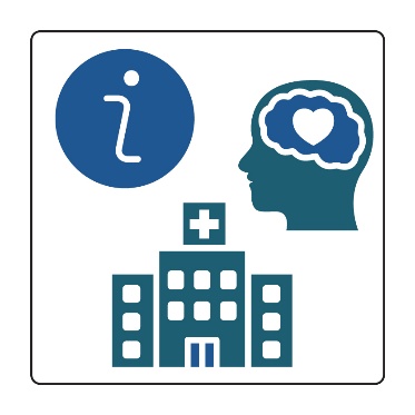 3 icons: an information icon. A hospital. An outline of a brain inside a person's head. There is a heart inside the brain.