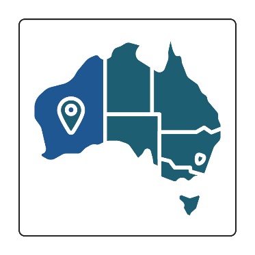 A map of Australia. Western Australia is highlighted and has a location icon on it. 