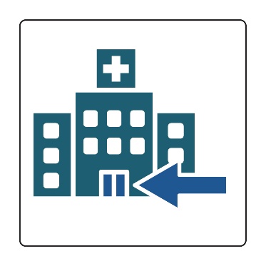 A hospital with an arrow pointing to the doors. 