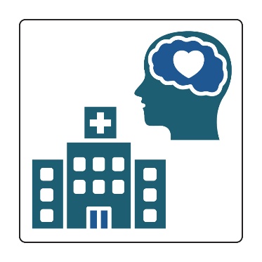 A hospital. An outline of a brain inside a person's head is next to it. There is a heart inside the brain. 