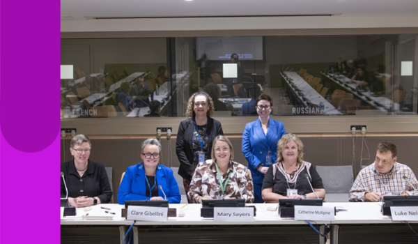 At UN for COSP18 are Jutta Treviranus, Clare Gibellini, Mary Sayers, Catherine McAlpine, Luke Nelson; standing from left to right: Robyn Shannon, Hope Peisley. 