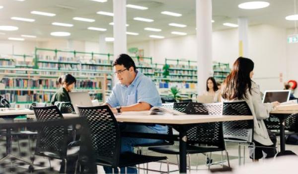 People studying and working on laptops at tables in a library